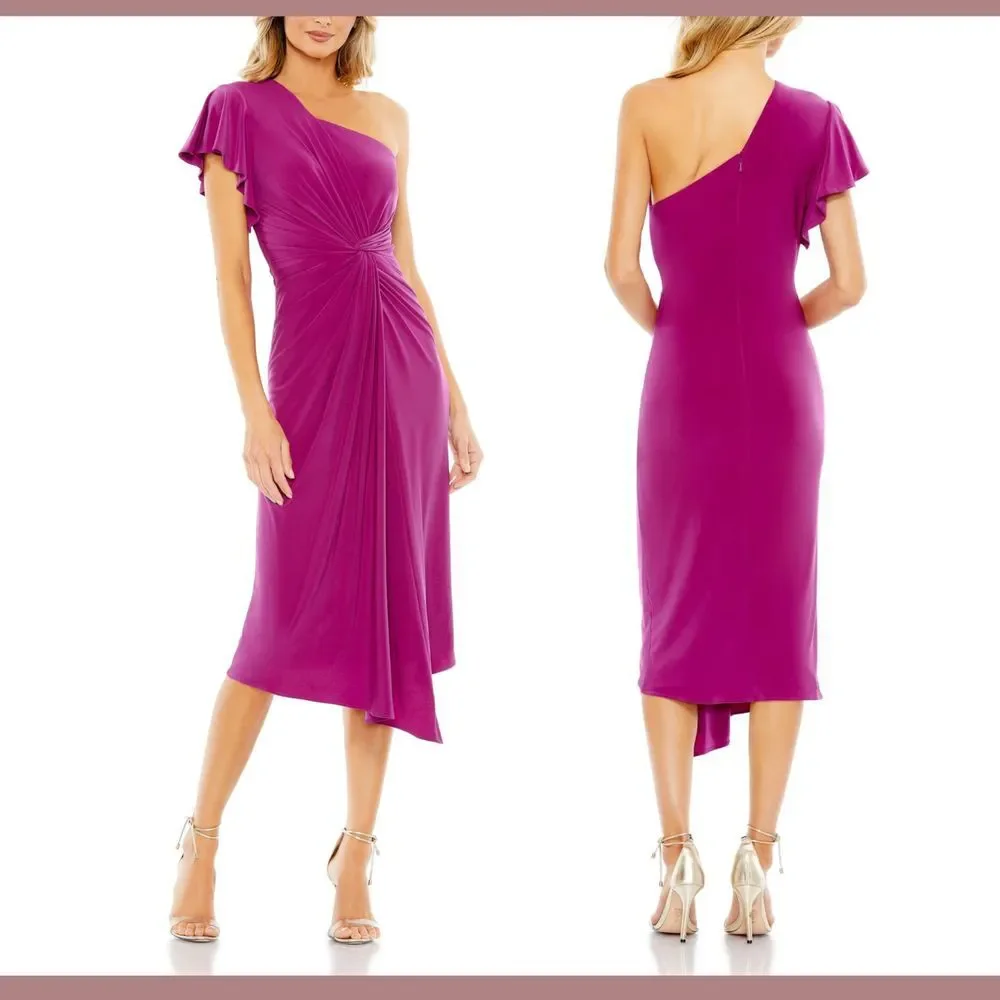 NEW Mac Duggal [ 4 ] 12480 One Shoulder Jersey‎ Midi Dress Magenta Pink